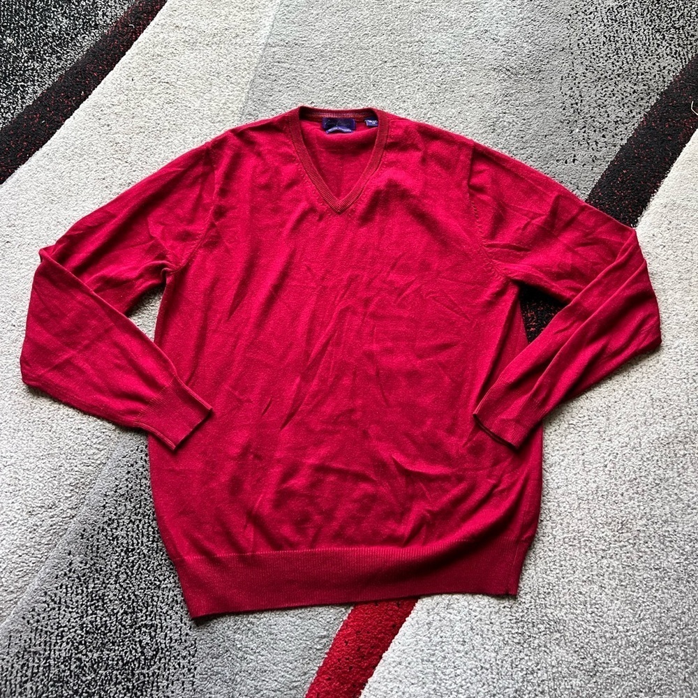 Alan Flusser Red V Neck Cotton Cashmere Blend Sweater